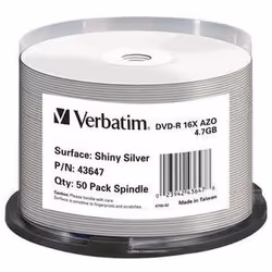 Verbatim 43647, DVD-R, 120 mm, Stampabile, Scatola per torte, 50 pz, 4,7 GB