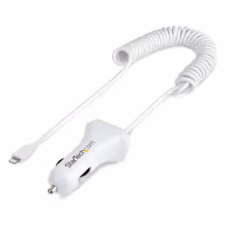 StarTech.com Caricatore da auto a due porte USB con cavo Lightning a spirale integrato da 1m; Adattatore accendisigari USB per Cellulari e Tablet; Carica Batterie per auto a 12W per iPhone/Tablet - Bianco - Vista aggiuntiva 8