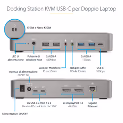 StarTech.com KVM Docking Station USB-C per due laptop, docking station DisplayPort a doppio monitor 4K 60 Hz, hub USB a 5 porte, GbE, Dock KVM con alimentazione a 90W/45W per due laptop, Windows/Mac - Vista aggiuntiva 8