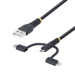 StarTech.com Cavo di Ricarica USB robusto da 1m, Da USB a Lightning/Micro-USB/Tipo-C, certificato Apple MFi, rivestimento in aramide, cavo universale di ricarica USB 3 in 1 per iPhone/iPad/Android