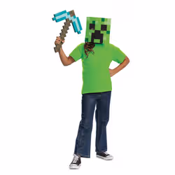 Disguise Set travestimento Minecraft con piccone di diamante e maschera Creeper per bambini, con licenza ufficiale, include maschera e piccone, costume completo di Halloween per bambini, dettagli pixel, taglia unica - Vista aggiuntiva 6