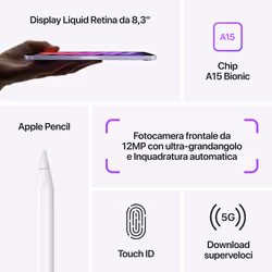 Apple iPad mini, 8.3" LED, 2266 x 1488, A15 Bionic, 256GB, 802.11ax Wi‑Fi 6, 5G, Bluetooth 5.0, Touch ID, 12MP + 12MP, iPadOS - Vista aggiuntiva 7