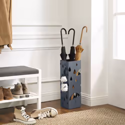 Songmics - Porta Ombrelli in Metallo, Contenitore per Ombrelli con Vaschetta Scolapioggia e 4 Gancetti, 15,5 x 15,5 x 49 cm, Grigio Antracite