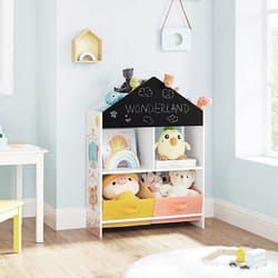 Scaffale per Giocattoli con Lavagna, Mobiletto per Bambini Multiuso con Contenitori e Scomparti, per Cameretta e Stanza dei Giochi, Bianco, Nero,