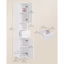 Songmics - vasagle Mobile da Bagno, Mobiletto da Bagno Salvaspazio, Armadietto da Bagno a Colonna, con Cassetto, Ripiano, Scomparti con Anta, Ripiani