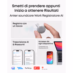 Anker soundcore Work Registratore Vocale AI, per Riunioni, con Trascrizione e Riassunti Automatici con AI, Indossabile, 64 GB, 150+ Lingue, Certificato MFi, 300 Min/Mese Inclusi, USB-C - Vista aggiuntiva 4