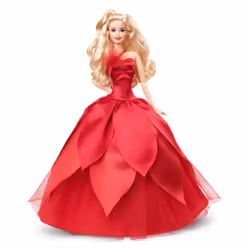 Barbie Signature Magia delle Feste 2022 bambola bionda, capelli ondulati, abito rosso con ampia gonna e orecchini pendenti, d ...