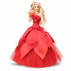 Barbie Signature Magia delle Feste 2022 bambola bionda, capelli ondulati, abito rosso con ampia gonna e orecchini pendenti, da collezione, Giocattolo e regalo per Bambini 6+ Anni