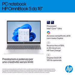 HP OmniBook 5 AI 16-af1026nl Intel Core Ultra 5 225U Computer portatile 40,6 cm (16") 2K 16 GB LPDDR5x-SDRAM 512 GB SSD Wi-Fi 6 (802.11ax) Windows 11 Home AI PC Argento - Vista aggiuntiva 4