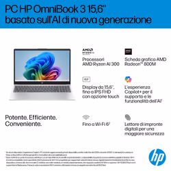 HP OmniBook 3 NGAI OmniBook 3 Next Gen AI 15-fn0006nl Copilot+ PC AMD Ryzen AI 5 330 Computer portatile 39,6 cm (15.6") Full HD 16 GB DDR5-SDRAM 1 TB SSD Wi-Fi 6 (802.11ax) Windows 11 Home Argento - Vista aggiuntiva 3