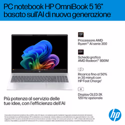 HP OmniBook 5 Laptop Next Gen AI 16-ag1025nl Copilot+ PC AMD Ryzen AI 7 Computer portatile 40,6 cm (16") 2K 16 GB LPDDR5x-SDRAM Wi-Fi 6 (802.11ax) Windows 11 Home Argento - Vista aggiuntiva 4