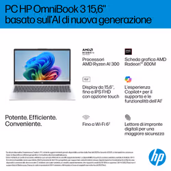 HP OmniBook 3 Laptop Next Gen AI 15-fn0015nl Copilot+ PC AMD Ryzen AI 5 Computer portatile 39,6 cm (15.6") Full HD 24 GB DDR5-SDRAM Wi-Fi 6 (802.11ax) Windows 11 Home Argento - Vista aggiuntiva 3