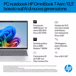 HP OmniBook 7 Aero Laptop Next Gen AI 13-bg1002nl Copilot+ PC AMD Ryzen AI 7 Computer portatile 33,8 cm (13.3") 2K 32 GB LPDDR5x-SDRAM Wi-Fi 6 (802.11ax) Windows 11 Home Argento - Vista aggiuntiva 4