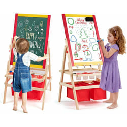 Costway - Cavalletto per Bambini 3 in 1, Lavagna Bifacciale, Cavalletto per Disegnare, con Rotolo di Carta, Magnetica, Accessori Completi, in Legno