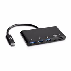 V7 Adaptador USB negro con conector USB-C macho a 3 hembras: USB 3.0 A; Micro SD; SD/MMC, USB 3.2 Gen 1 (3.1 Gen 1) Type-C, N ...