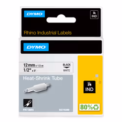 DYMO Etichette per tubi termoretraibili IND- 12mm x1,5m, Nero su bianco, Multicolore, -55 - 135 °C, UL 224, MIL-STD-202G, MIL ...
