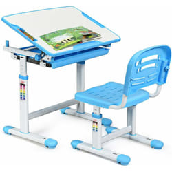 Scrivania per Bambini Tavolo per Studenti con Sedia Inclinabile Regolabile in Altezza, Ergonomica, Vari Colori Disponibili, Blu - Costway