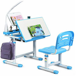 Costway - Set Sedia e Scrivania per Bambini Altezza e Angolo Regolabile e Multifunzionale, Con Cornice per la Lettura e Lampada di Protezione per gli