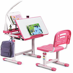 Costway - Set Sedia e Scrivania per Bambini Altezza e Angolo Regolabile e Multifunzionale, Con Cornice per la Lettura e Lampada di Protezione per gli