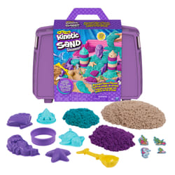 Kinetic Sand , set di gioco Castello della sirena, 934 g di sabbia da gioco Shimmer (viola neon, verde acqua luccicante e sabbia della spiaggia), sabbiera pieghevole riutilizzabile e attrezzi, giocattoli sensoriali per bambini da 3 anni in su