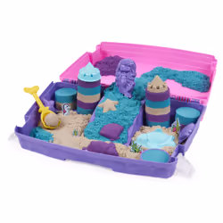Kinetic Sand , set di gioco Castello della sirena, 934 g di sabbia da gioco Shimmer (viola neon, verde acqua luccicante e sabbia della spiaggia), sabbiera pieghevole riutilizzabile e attrezzi, giocattoli sensoriali per bambini da 3 anni in su - Vista aggiuntiva 3
