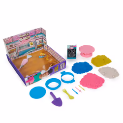Kinetic Sand Rainbow Cake Shoppe, 680 g di sabbia da gioco gialla, rosa, blu e bianca profumata alla vaniglia, 10 attrezzi da cucina e accessori, giocattoli sensoriali per bambini dai 5 anni in su