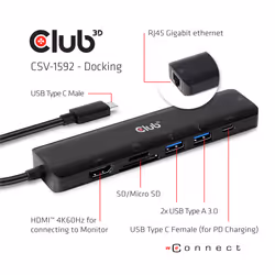 CLUB3D CSV-1592 replicatore di porte e docking station per laptop USB 3.2 Gen 1 (3.1 Gen 1) Type-C Nero - Vista aggiuntiva 5