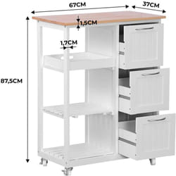 Carrello da cucina su ruote in legno con 3 cassetti e 3 ripiani, carrello portaoggetti con rotelle, piano di lavoro bianco