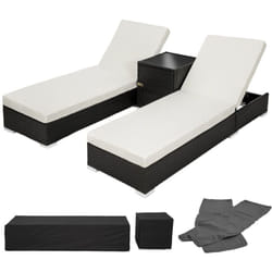 Set di due lettini prendisole in resina polyrattan intrecciata nera + tavolo + due set di coperture + copertura protettiva