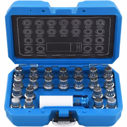 Questo set di bussole per bloccaggio da cerchione da 23 pezzi contiene 22 bussole di rimozione di diverse dimensioni e 1 pres ...