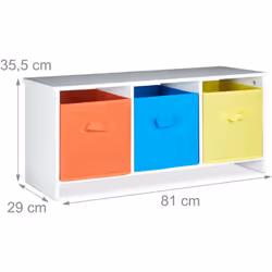 Dimensioni della panca portaoggetti per bambini • Dimensioni A x L x P: 35,5 x 81 x 29 cm • Dimensioni interne dei cestini A ...