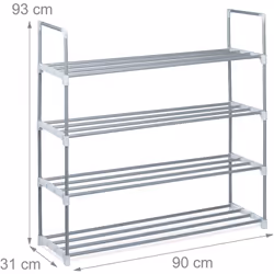 4 livelli A x L x P: 93 x 90 x 31 cm Spazio tra i livelli: 23 cm Distanza tra le barre: 7,5 cm Scarpiera in metallo Possibili ...