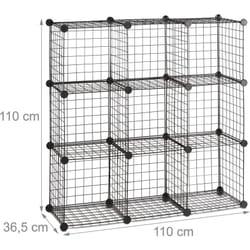 Scaffale modulare in rete a 9 scomparti metallici, contenitore in rete 35x35 cm nero