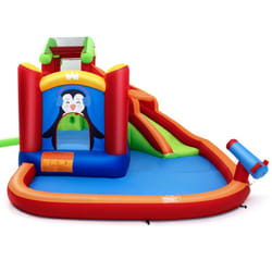 Castello gonfiabile con scivoli d'acqua Parco giochi gonfiabile con canestro da basket con cannone ad acqua modello pinguino