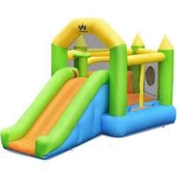 Castello gonfiabile a forma di pentagono con scivolo gonfiabile con piscina di palline, canestro da basket, ventilatore non incluso