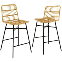 Set di 2 sgabelli da bar, set di 2 sgabelli da bar, schienale in vimini, seduta in pelle sintetica, altezza 69 cm, stile naturale