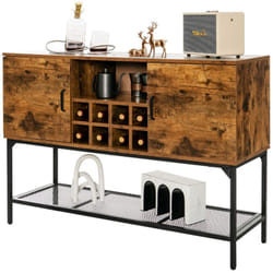 Credenza da cucina con portabottiglie da 9 bottiglie, mobile industriale con 2 ante e vano a giorno, colore marrone rustico