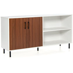 Credenza soggiorno con 2 ante e 2 vani cassettiera mobile contenitore 4 gambe rialzate in metallo 148 x 40 x 75 cm marrone bianco