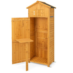 Armadietto da Giardino in Legno Impermeabile con Casetta da Giardino sul Tetto con Ripiani Tavolo Pieghevoli e 8 Ganci 75 x 50 x 180,5 cm