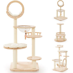 Tiragraffi 146 cm in mattoncini in legno di quercia torre per gatti 4 in 1 con condominio e oblò Tiragraffi in sisal 146 cm pedana imbottita