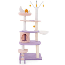 Tiragraffi Viola 158 cm Torre a più Livelli con Scaletta Tiragraffi in Sisal Condo Morbido Trespolo Amaca Viola