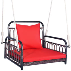 Helloshop26 - Poltroncina sospesa in pe rattan 2 corde di sospensione ganci struttura in metallo cuscini veranda giardino rosso
