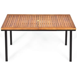 Tavolo da giardino da esterno in legno di acacia con foro ombrellone rettangolare struttura in acciaio per 6-8 persone 140 x 75 x 76 cm marrone