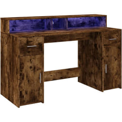 Scrivania tavolo postazione di lavoro mobile per computer studio e luci a LED rovere affumicato 140 x 55 x 91 cm pannelli in MDF marrone