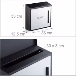 Cassetta postale moderna • Dimensioni A x L x P: 33 x 35 x 12,5 cm • Peso: 2,2 kg • Dimensioni fessura L x P: 30 x 3 cm • Dim ...