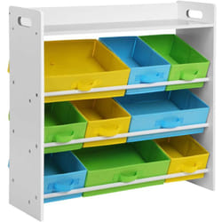 Scaffale per giocattoli per bambini 9 cestini rimovibili multicolori in tessuto non tessuto organizer per sala giochi struttura in mdf bianco