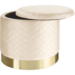 Pouf sgabello contenitore con seduta in velluto trapuntato effetto velluto beige