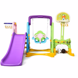 Design 6 in 1 con altalena, canestro da basket, porta da calcio, scivolo, lancio dell'anello e area di scrittura Sviluppa la  ...