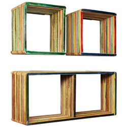 Scaffale per mobili di design, set di 3 mensole a muro, in massello di teak riciclato, multicolore