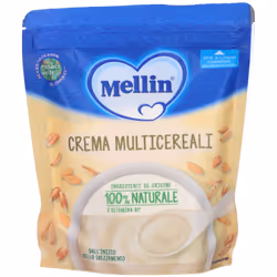 Crema multicereali Mellin, ideale per lo svezzamento, arricchita con vitamine e minerali essenziali. Facile da preparare, fav ...